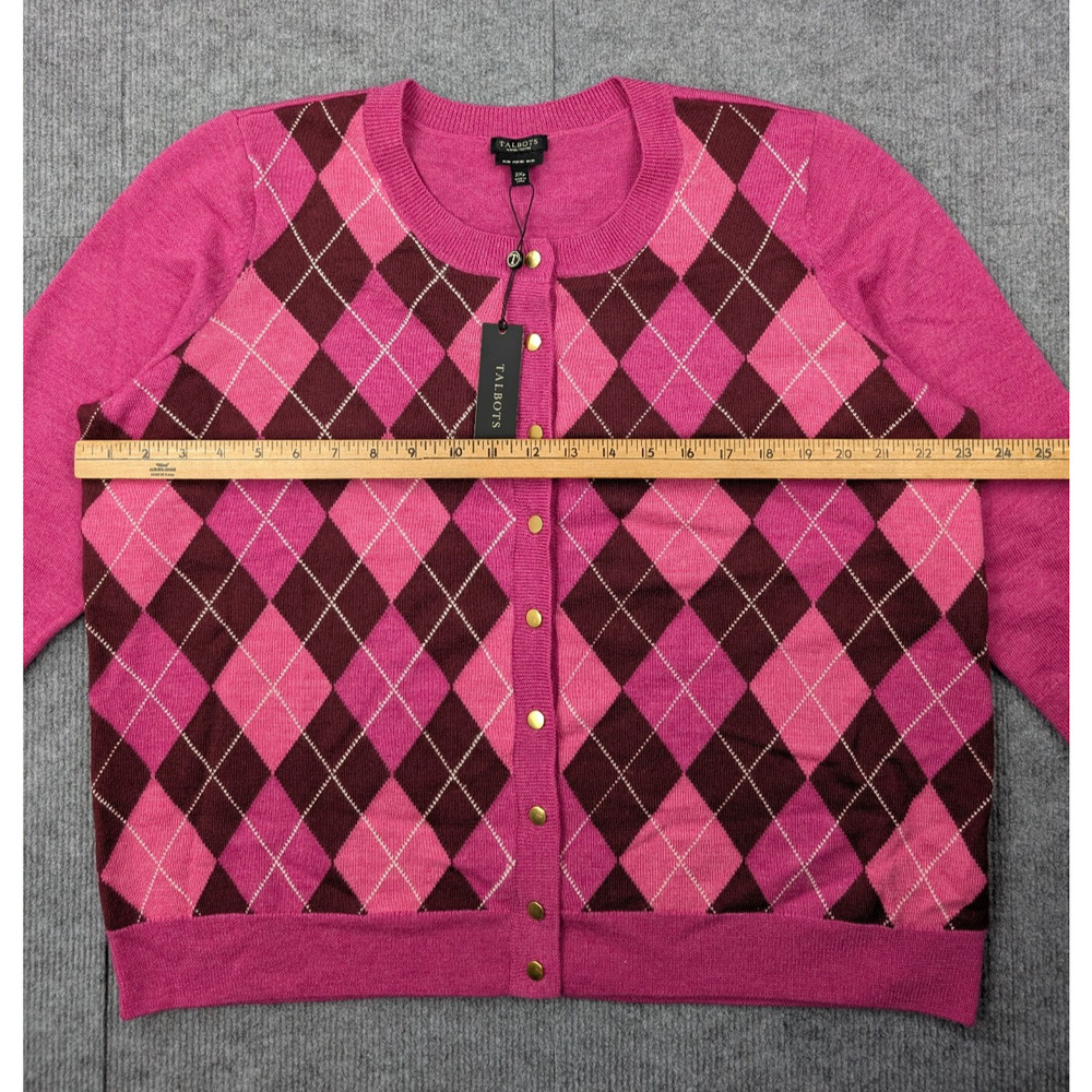 Talbots Merino Wool Cardigan Womens 2X Petite Pink Argyle Academia Preppy Layer - Picture 3 of 8